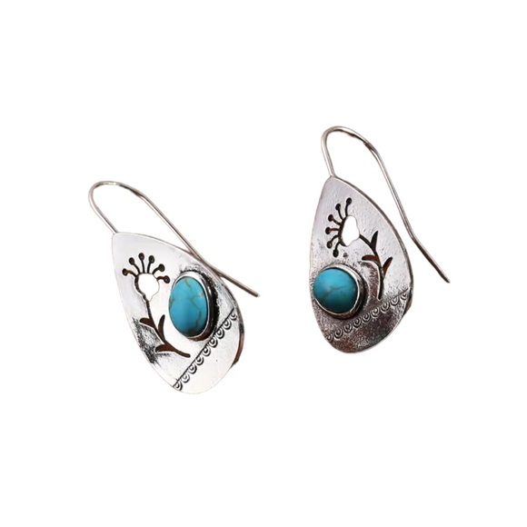 Boho Silver Teardrop Cut Metal Flower Drop Earrings - Picture 4 of 5